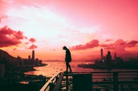 alone, silhouette, cityscape, hong kong city, pink sky wallpaper