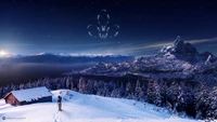 Majestic Mountain Winter: A Serene Night Under a Starry Sky