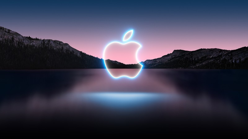 Логотип apple на фоне горного озера (яблоко, событие, калифорния, california, iphone)