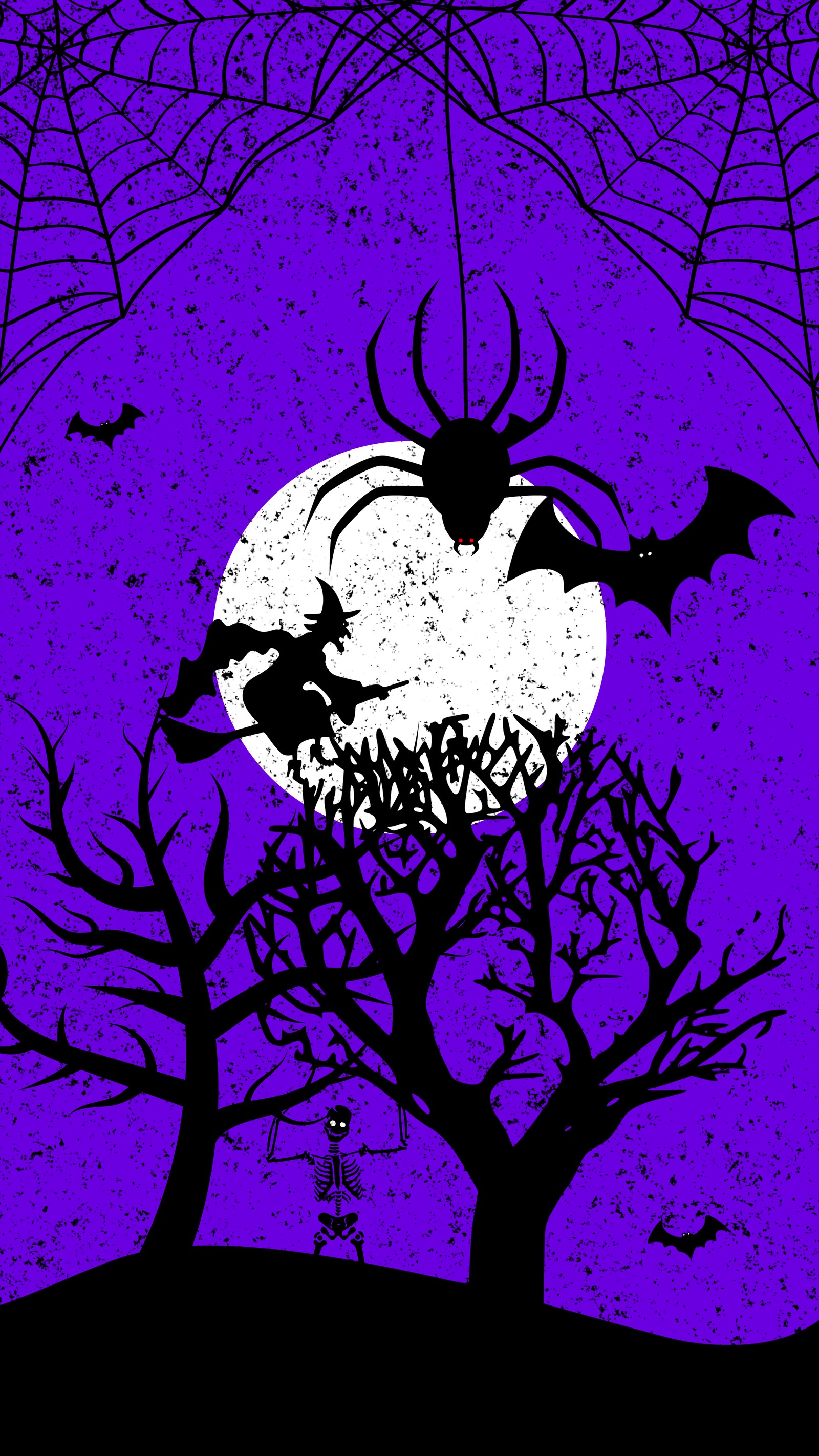 A purple background with a silhouette of a tree and a spider web (helloween, clip art, vector graphics, transparency, art)