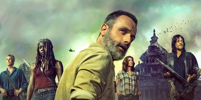 Rick Grimes y aliados en un paisaje post-apocalíptico