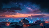 Two dogs on a rooftop under a starry sky overlooking a vibrant cityscape at dusk.