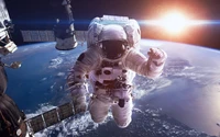 Un astronauta flotando en el espacio con la Tierra y el Sol de fondo