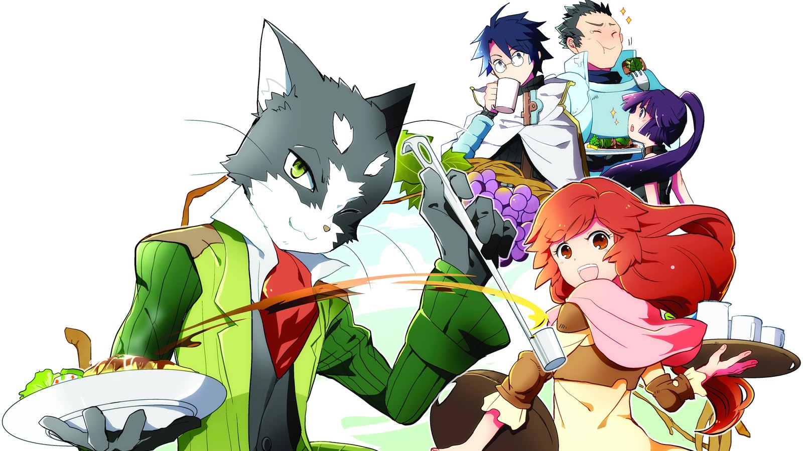 Personajes de anime con un gato y una mujer sosteniendo un plato (log horizon, ログホライズン, anime, nyanta, serara)