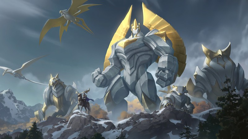 Крупный план человека, стоящего на горе с гигантским роботом (галио, galio, league of legends, lol, legends of runeterra)