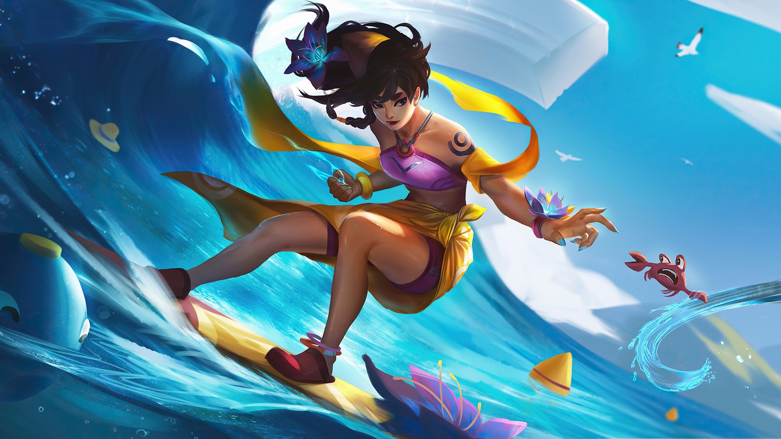 A woman in a bikini top riding a surfboard on a wave (taliyah, pool party, lol, league of legends, video game)