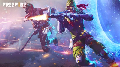 Dynamic combat scene featuring two characters from Garena Free Fire, showcasing vibrant skins and action-packed gameplay in a battle royale setting.