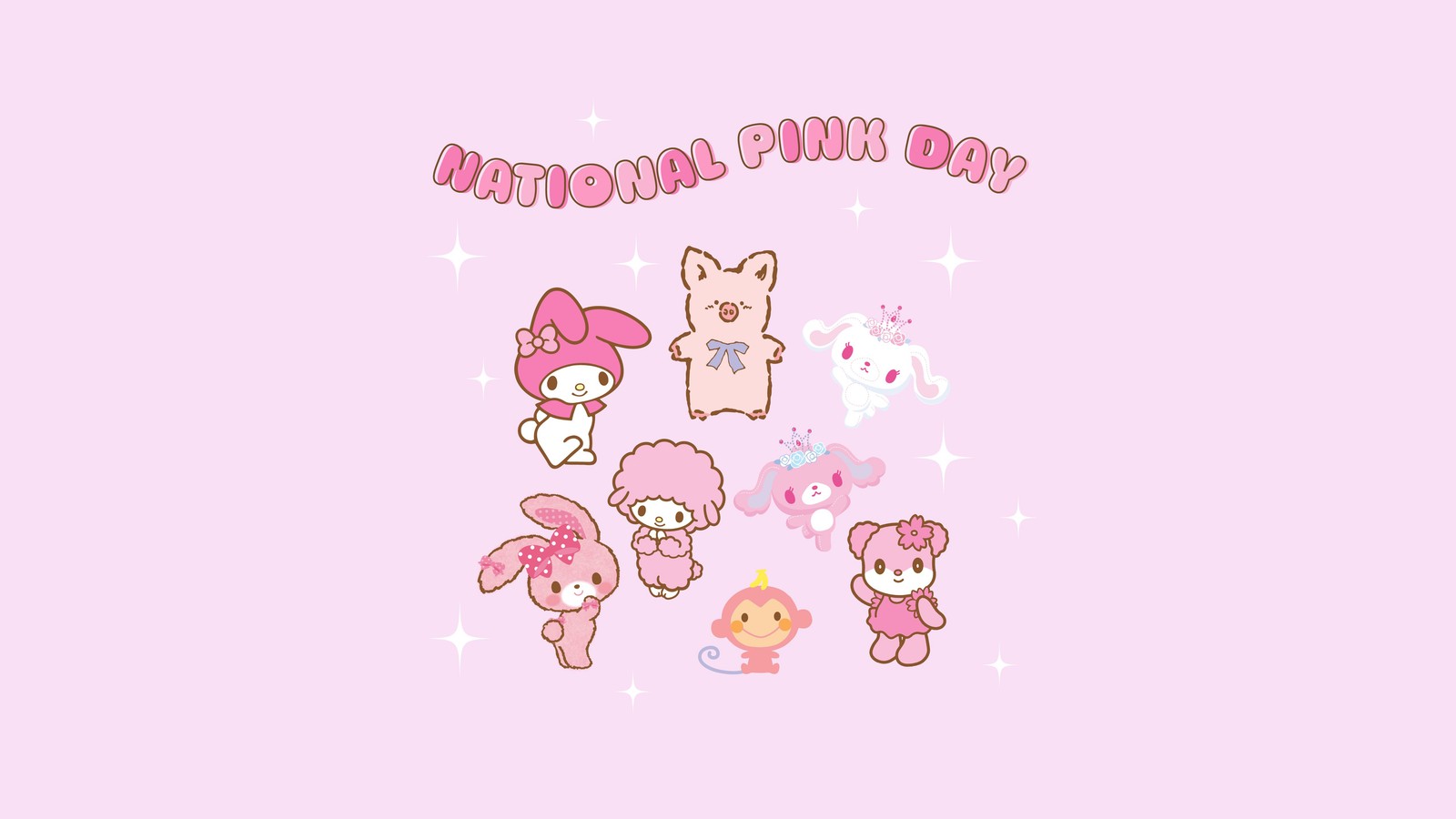 Un fondo rosa con un montón de animales pequeños (national pink day, hello kitty, kuromi, my melody, pompompurin)