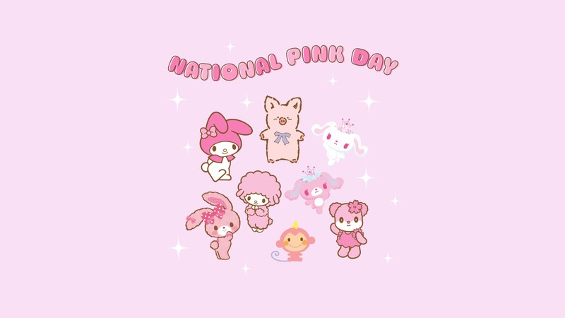 Розовый фон с множеством маленьких животных (national pink day, хелло китти, hello kitty, куроми, kuromi)