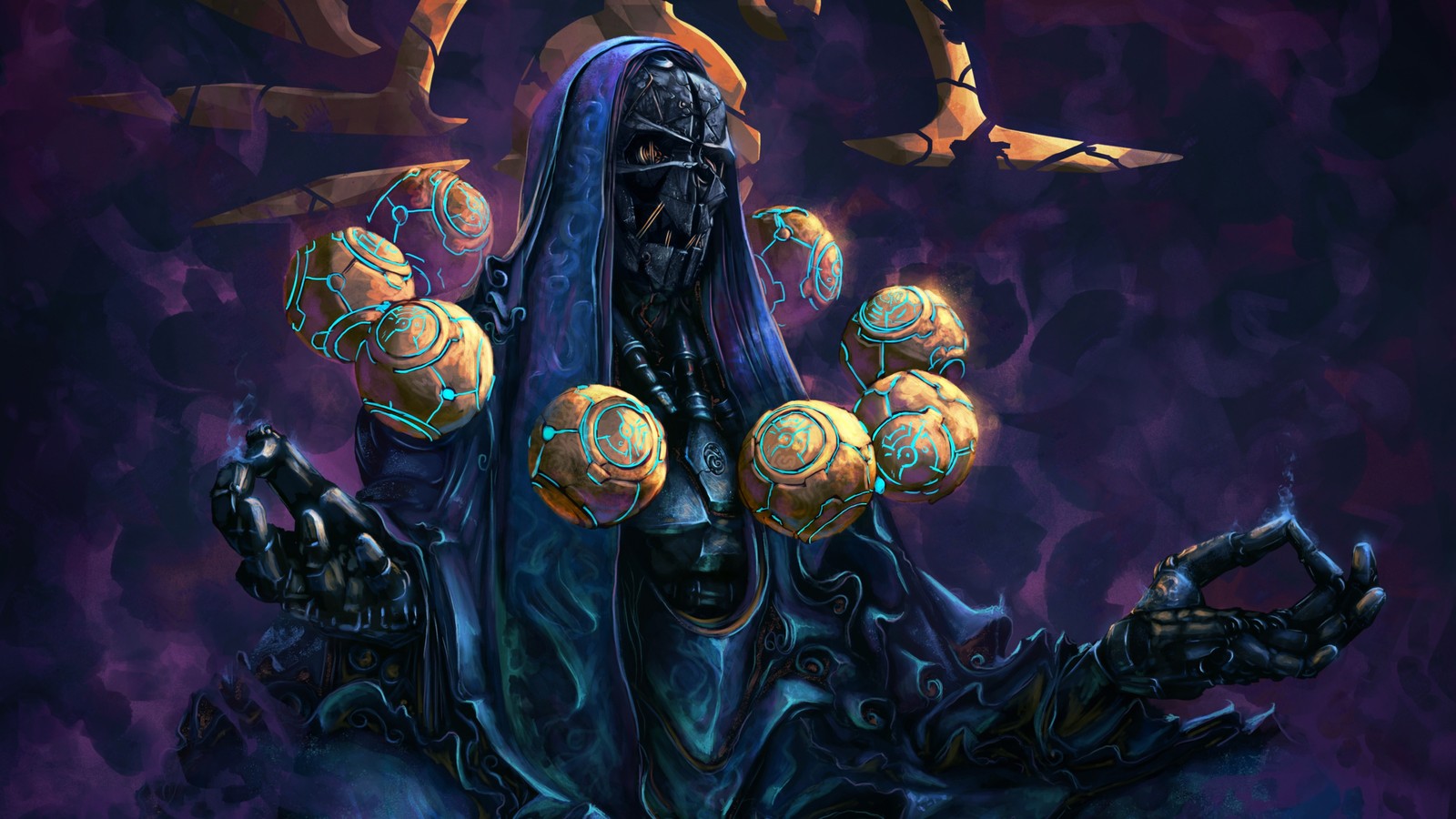 A painting of a man with a long beard and a black robe holding a bunch of balls (zenyatta, dishonored, mask, overwatch, video game)