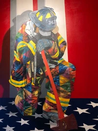 Vibrant Tribute: A Firefighter in Colorful Gear, Kneeling with an Axe Against a Flag Background