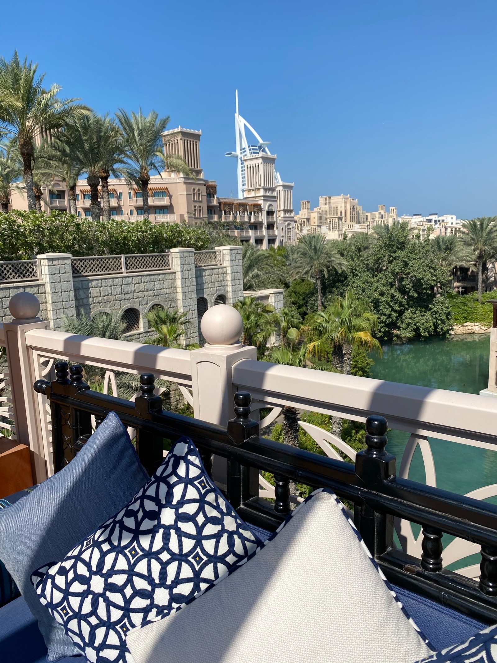 Vue d'un fleuve et d'un pont depuis un balcon (toit, immobilier, bleu majorelle, biologie, fer)