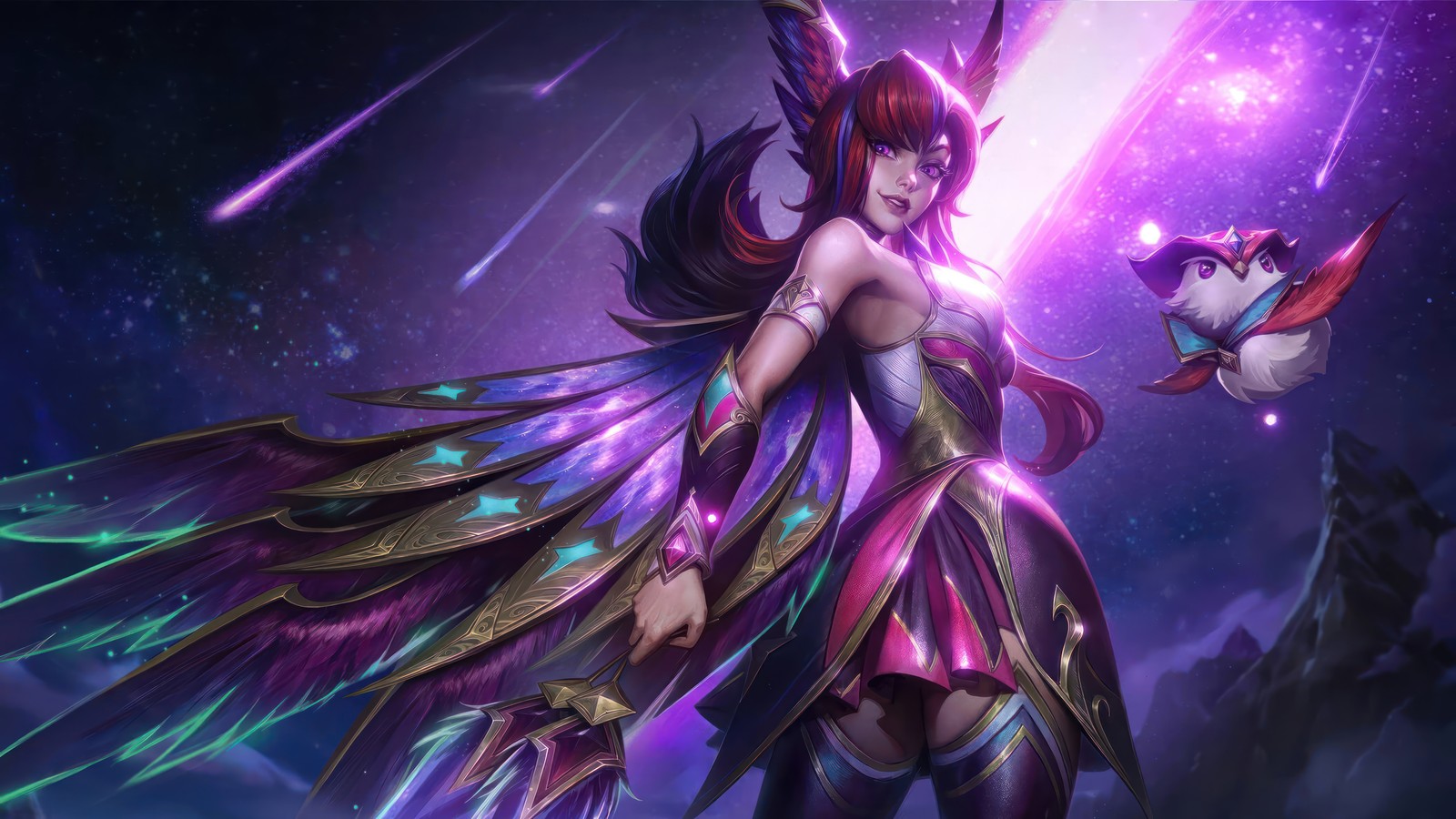 Женщина в фиолетовом платье с птицей в руке (сая, xayah, звёздный хранитель, рубин, хрома)