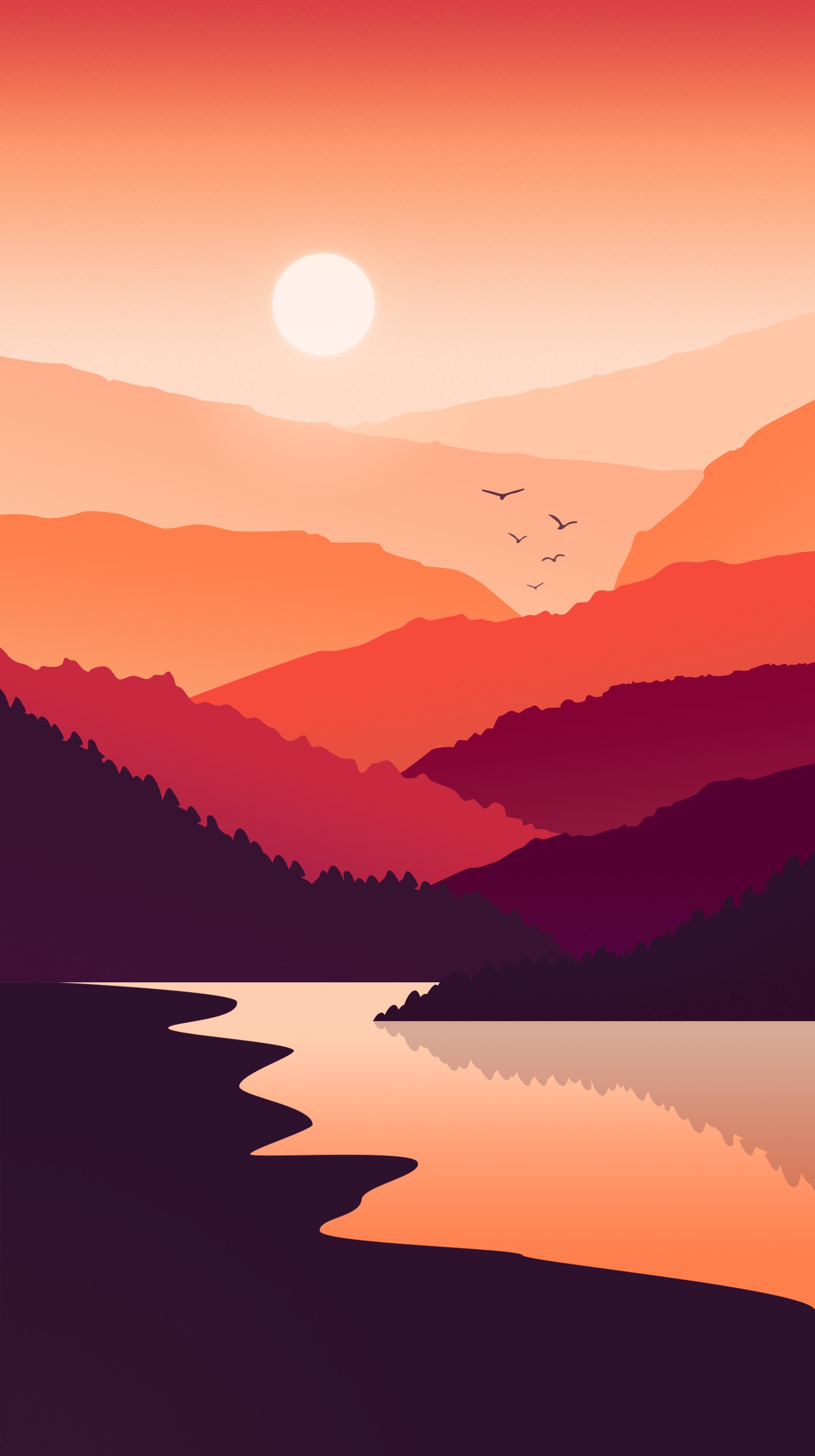 Mountains and a river with birds flying in the distance (android, atmosphere, water, cloud, afterglow)