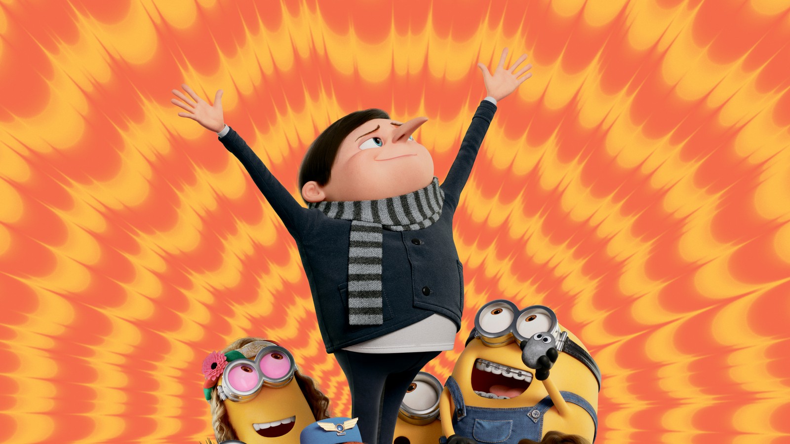 Un primer plano de un personaje de dibujos animados con dos minions y un hombre (minions el origen de gru, minions the rise of gru, películas 2022, animación, 5k)