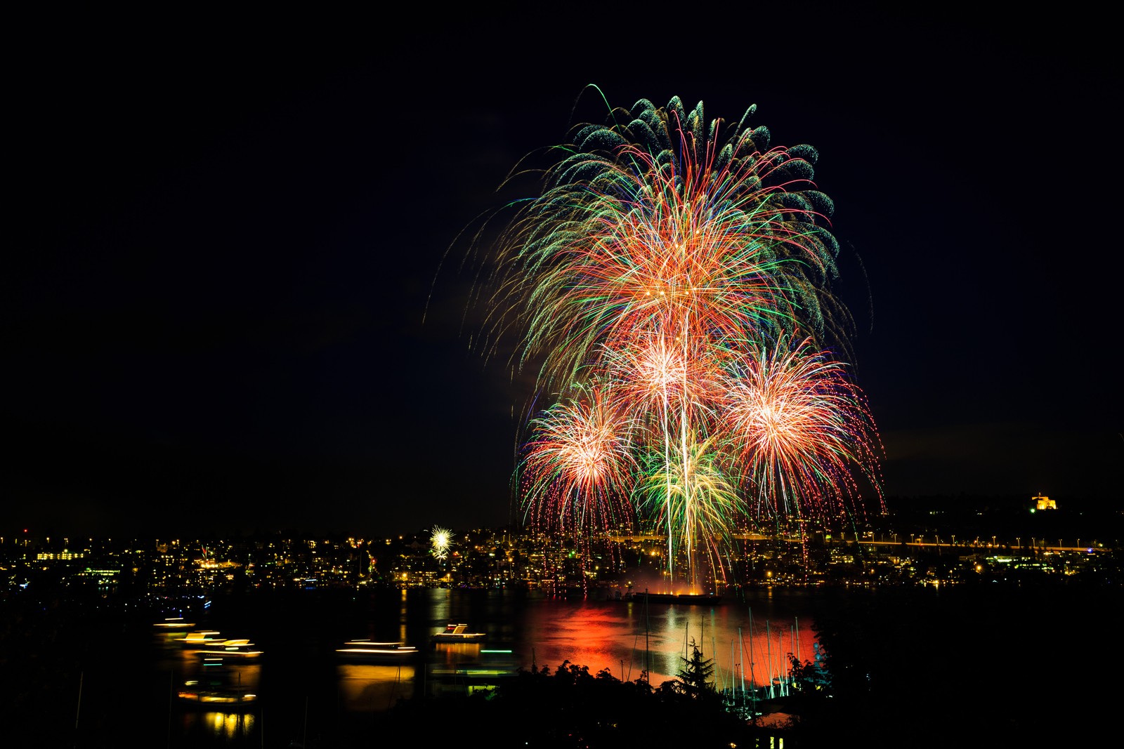 Fireworks are lit up in the night sky over a city (independence day, fireworks, night, new years day, reflection)