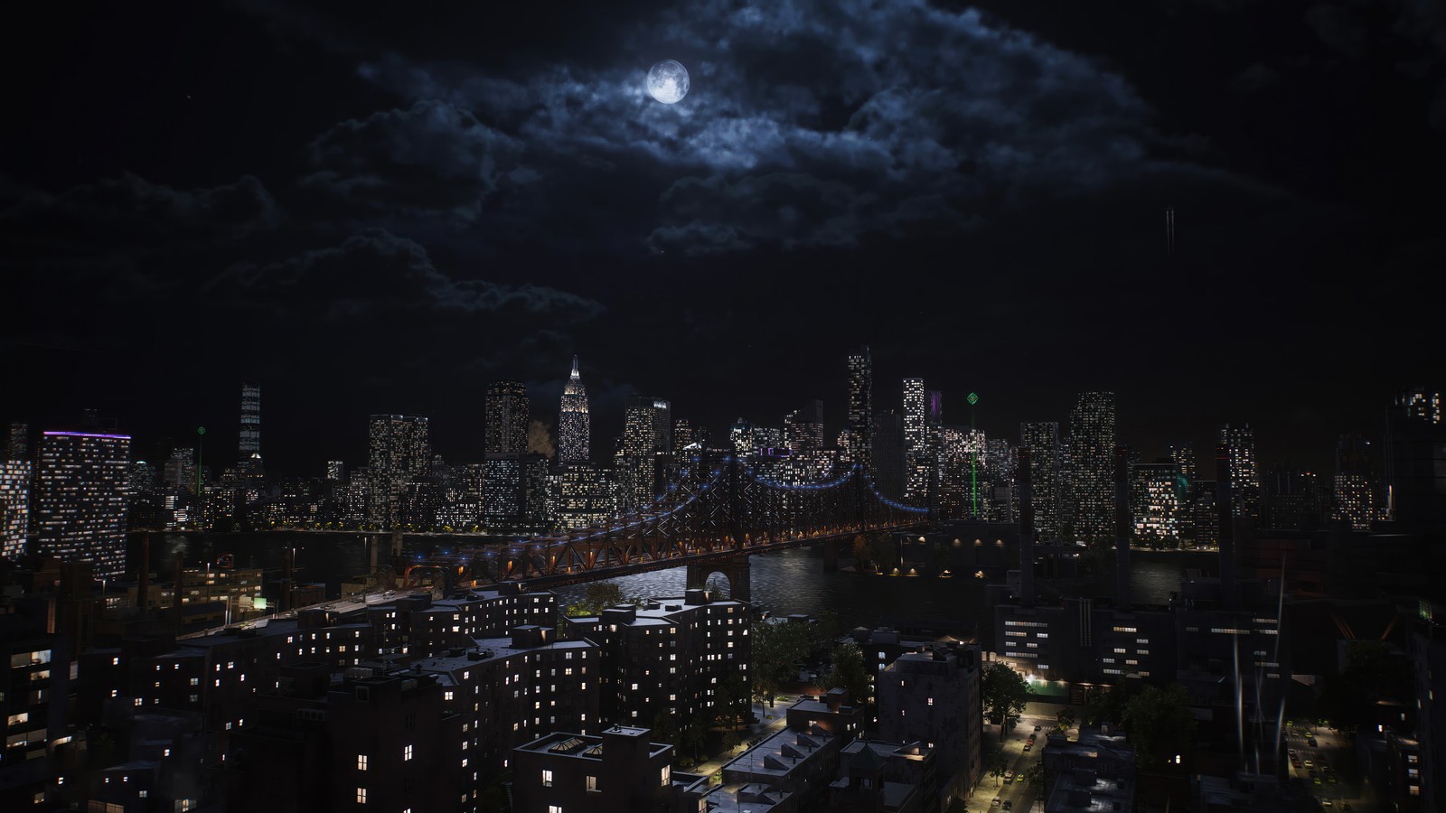 Vue d'une ville la nuit avec une pleine lune dans le ciel (marvel spider man 2, marvels spider man 2, jeu vidéo, marvel, ville)