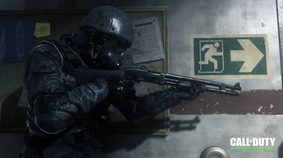 Soldier in tactical gear aiming a firearm, set against a backdrop featuring safety exit signage, emblematic of military action in Call of Duty: Modern Warfare.