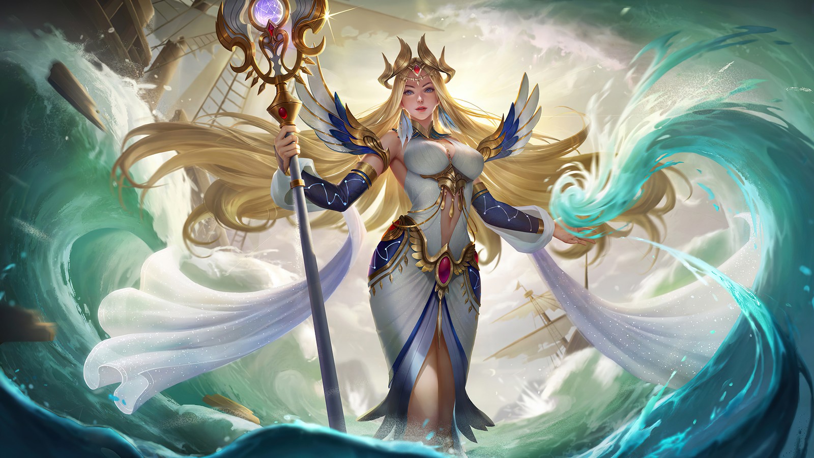 Une femme en robe blanche tenant une épée et une épée (kadita, robin blanc, peau, mobile legends, bang bang)