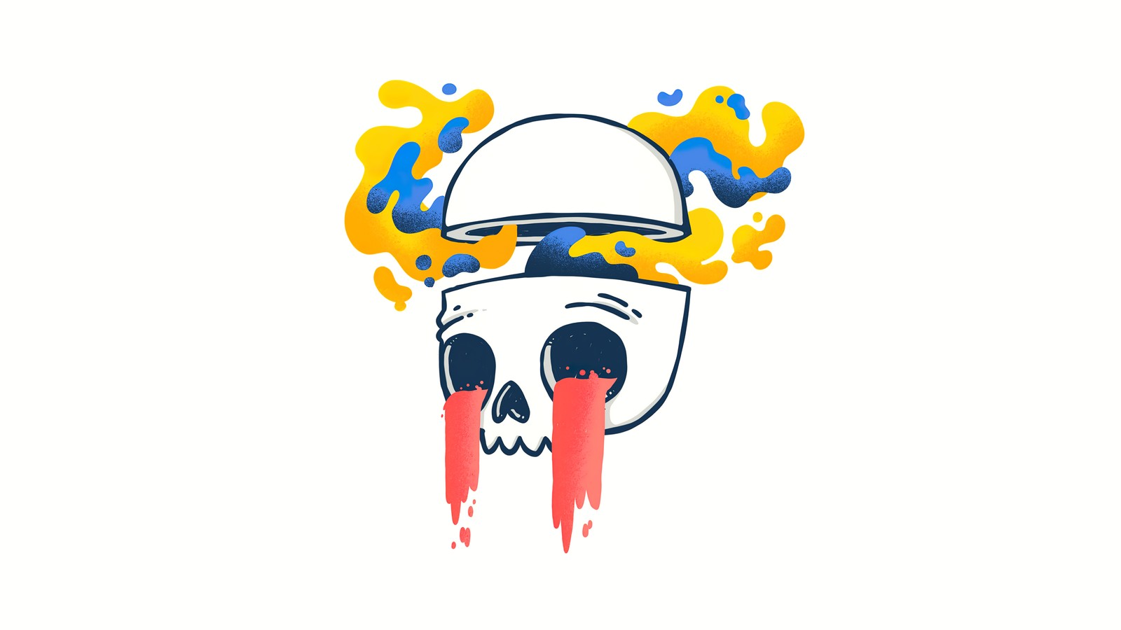 Un cráneo con un casco y fuego sobre él (calavera goteante, drippy artwork, fondo blanco, mind blown, gráficos cgi)