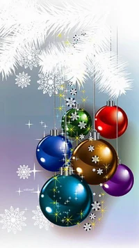 Colorful Christmas Balls Hanging on a Frosted Background