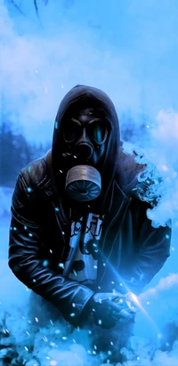 Mysterious figure in a gas mask amidst a foggy, blue-lit environment, dressed in dark gear.