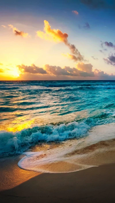 Serene Sunset Over Gentle Waves on a Tranquil Beach