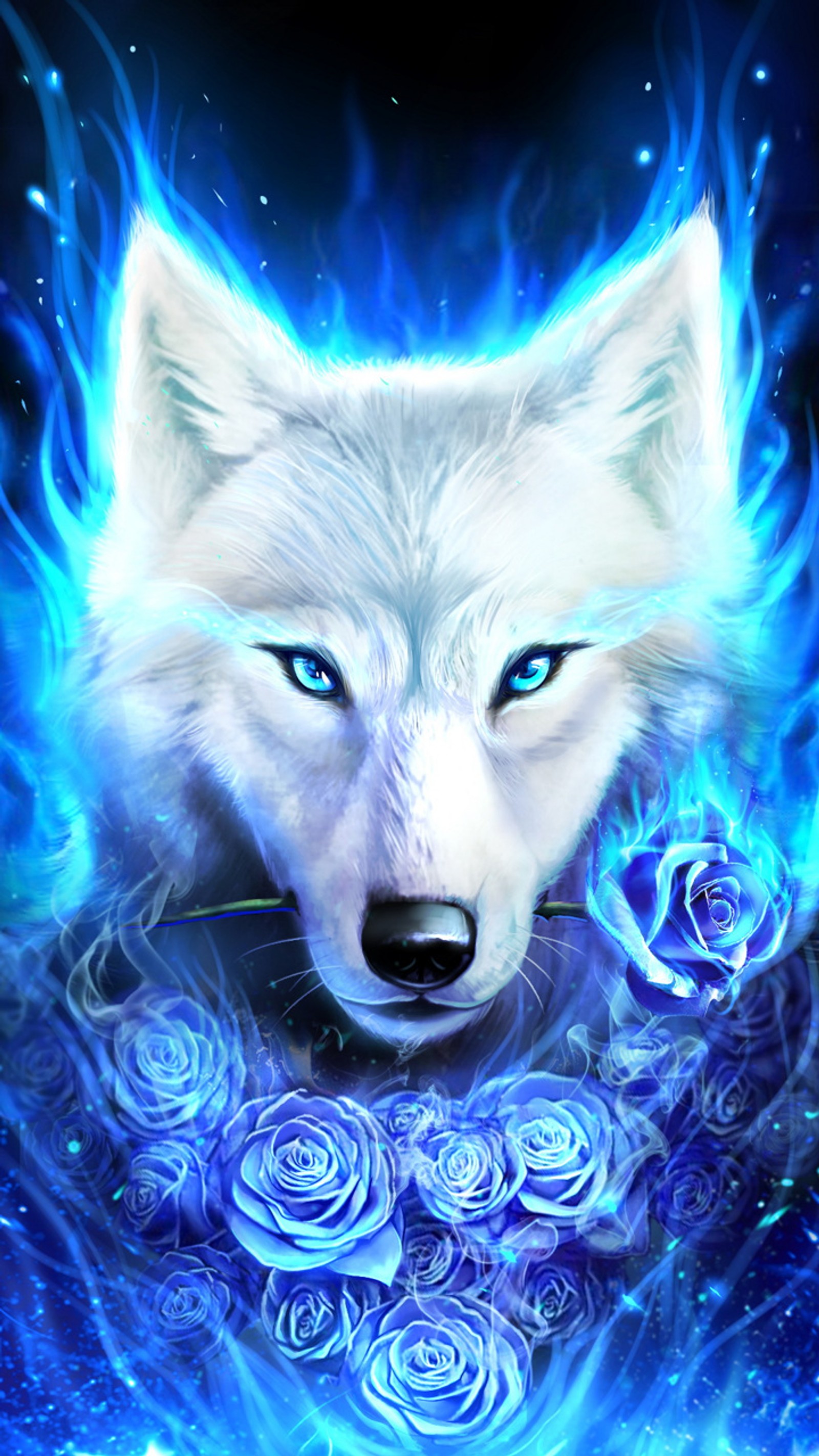 A close up of a white wolf with blue eyes and a blue rose (wolf, galaxy, white)