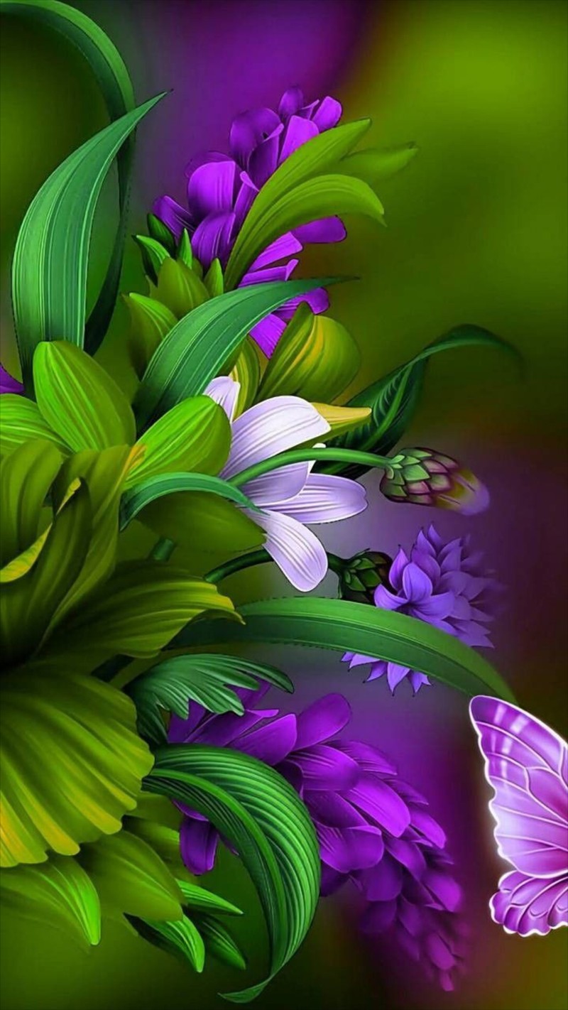 Purple and green flowers and a butterfly are in a vase (3d, design, drawings, floral, nature)