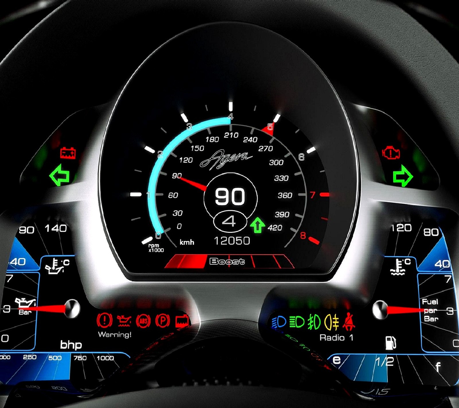 A close up of a car dashboard with a speedometer and gauges (tachometer)