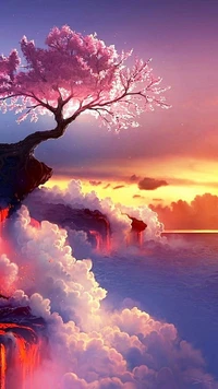 Solitary Tree at Sunset Over Colorful Clouds