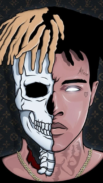 A striking illustration of a young man with half of his face as a skull, symbolizing the duality of life and death, surrounded by a patterned background.