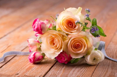 Delicate Bouquet of Beautiful Roses on Wooden Surface