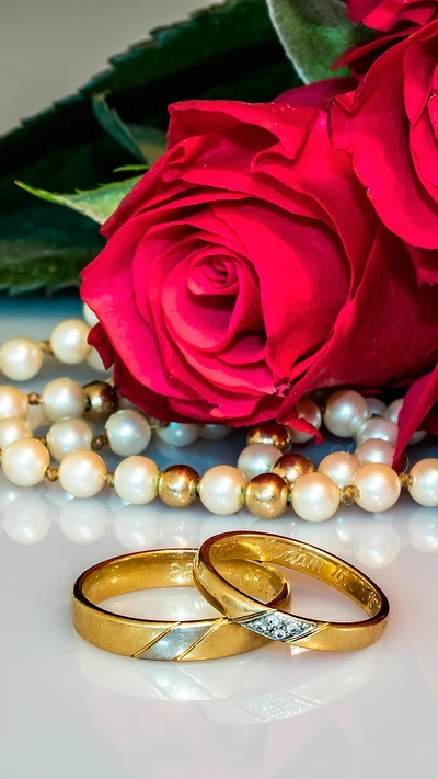 Elegant Wedding Rings Nestled Among Red Roses and Pearls