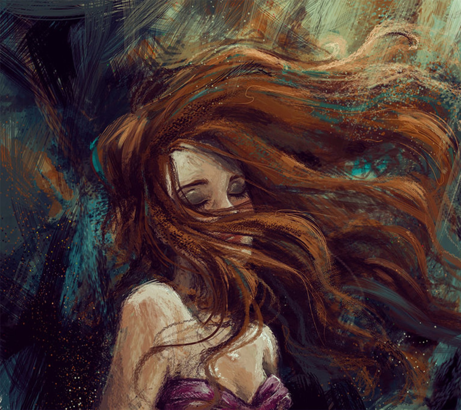 Painting of a woman with long red hair in a purple dress (hairs, painting)