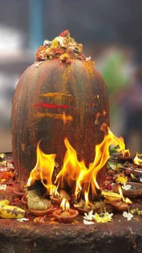 Shiva Lingam umgeben von Flammen und Opfergaben