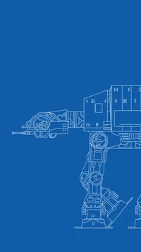 Blueprint of an AT-AT Walker from Star Wars on a blue background.