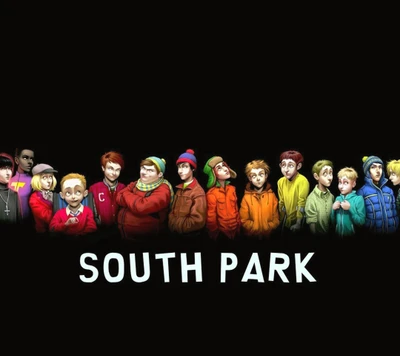 Elenco colorido de personagens de "South Park" contra um fundo preto.