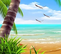 Escena de playa tropical con palmeras y aves voladoras