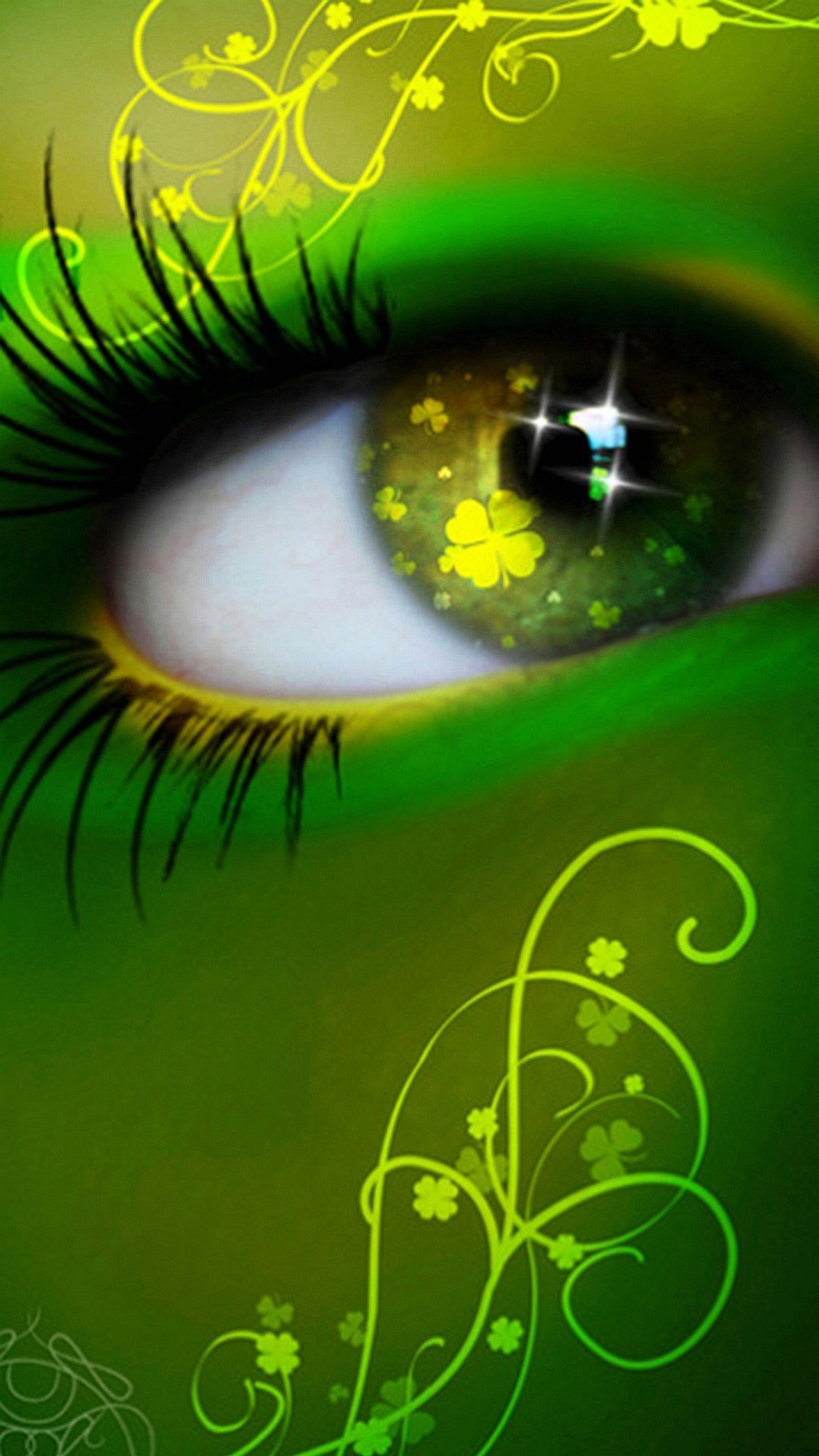 There is a green eye with a green background and a green flower (eye, green, hd)