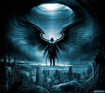 Dark Angel Overlooking a Haunted Cityscape