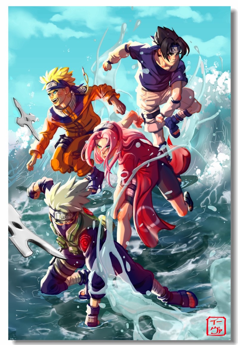 Аниме-персонажи в воде с серфингом (kakahshi, naruto, sakira, саске, sasuke)