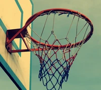 Basketball hoop against a clear sky.