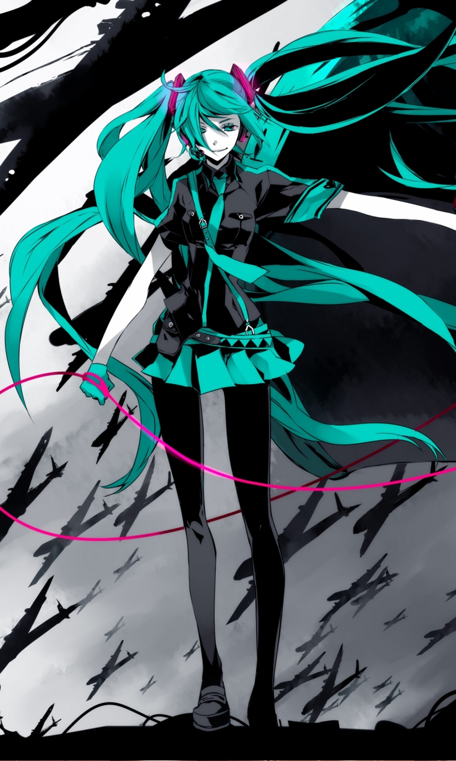 Primer plano de una persona con cabello largo y un vestido verde (hatsune, miku, guerra)