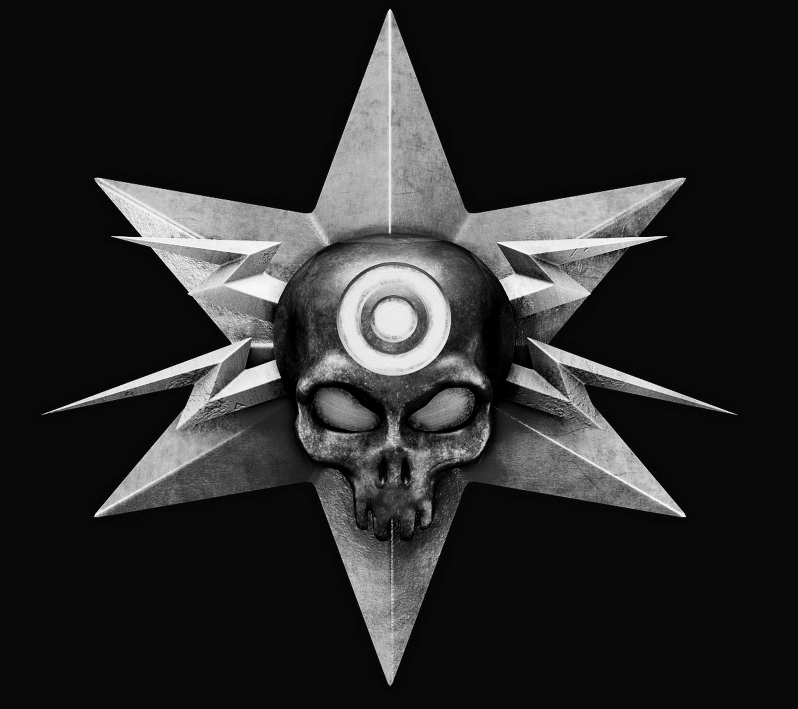 Schwarz-weiß foto eines schädels mit einem stern darauf (dunkler hintergrund, skull head star)