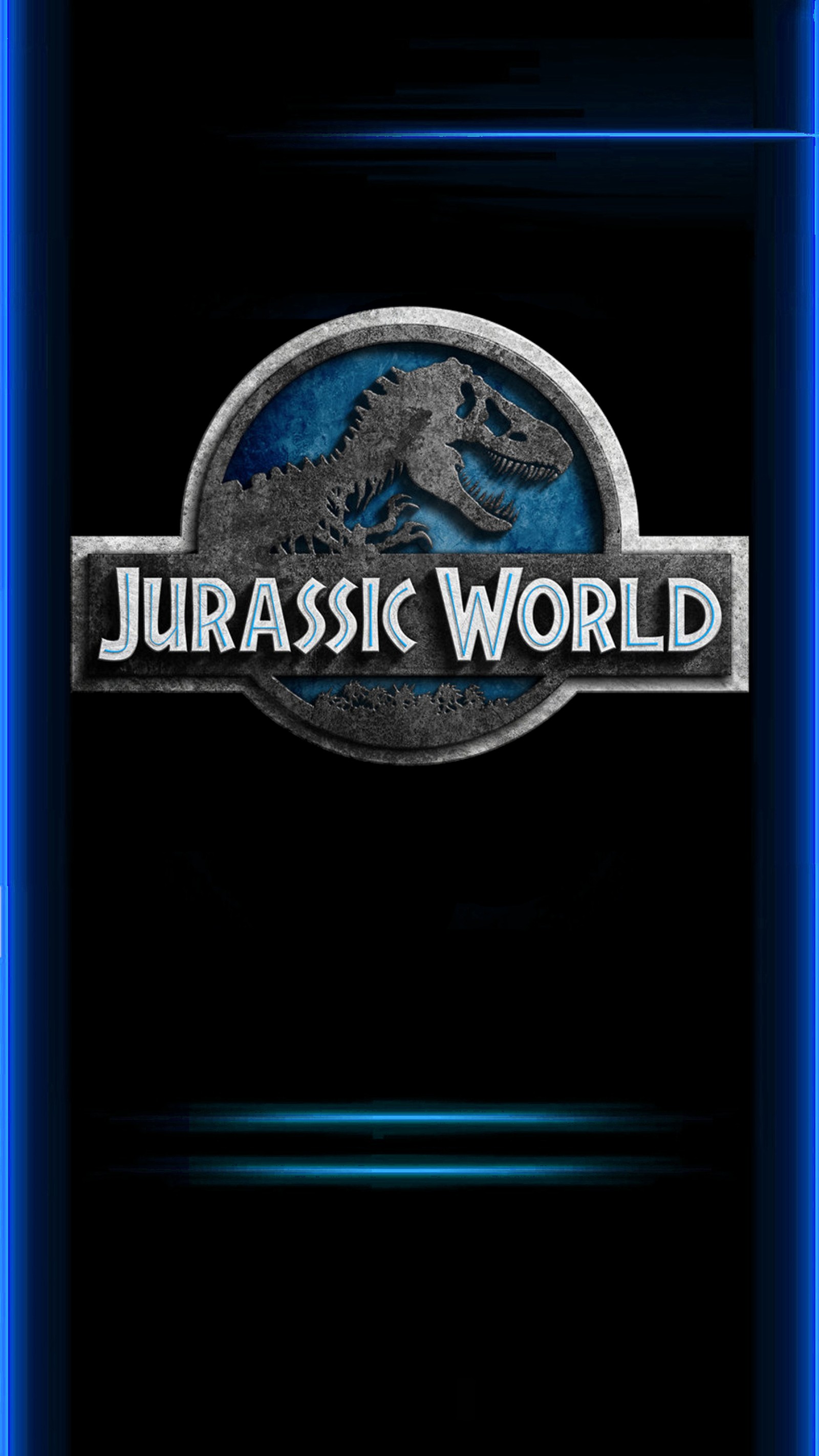 Un primer plano de un marco de neón azul con un logo en él (dino, mundo jurásico, jurassic world)