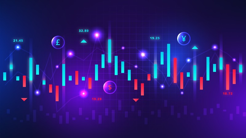 Um gráfico de mercado de ações com velas e setas (forex, day trading, padrão de velas, mercado de ações, fundo roxo)