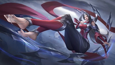 Irelia in dynamischer Pose, die ihre elegante Kleidung und komplizierte Bewaffnung vor einem dramatischen Hintergrund präsentiert.