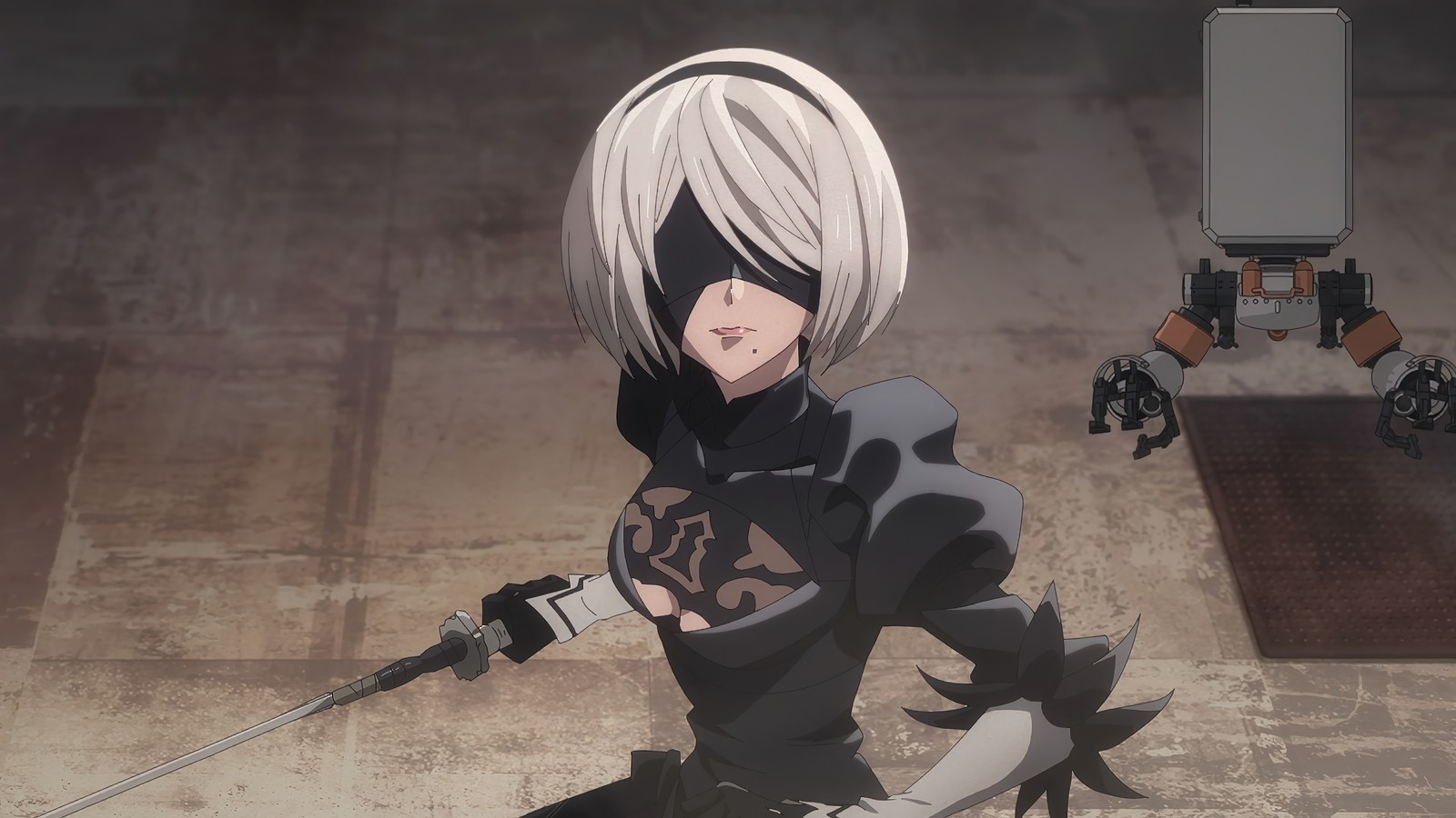 Personaje de anime con espada en mano de pie frente a un grupo de personas (yorha 2b, yorha tipo a no2, yorha type a no2, nier automata ver11a, nierautomata ver11a)