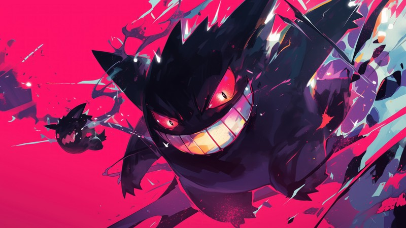 Крупный план мультяшного персонажа на красном фоне (генгар, gengar, pokemon, аниме, anime)